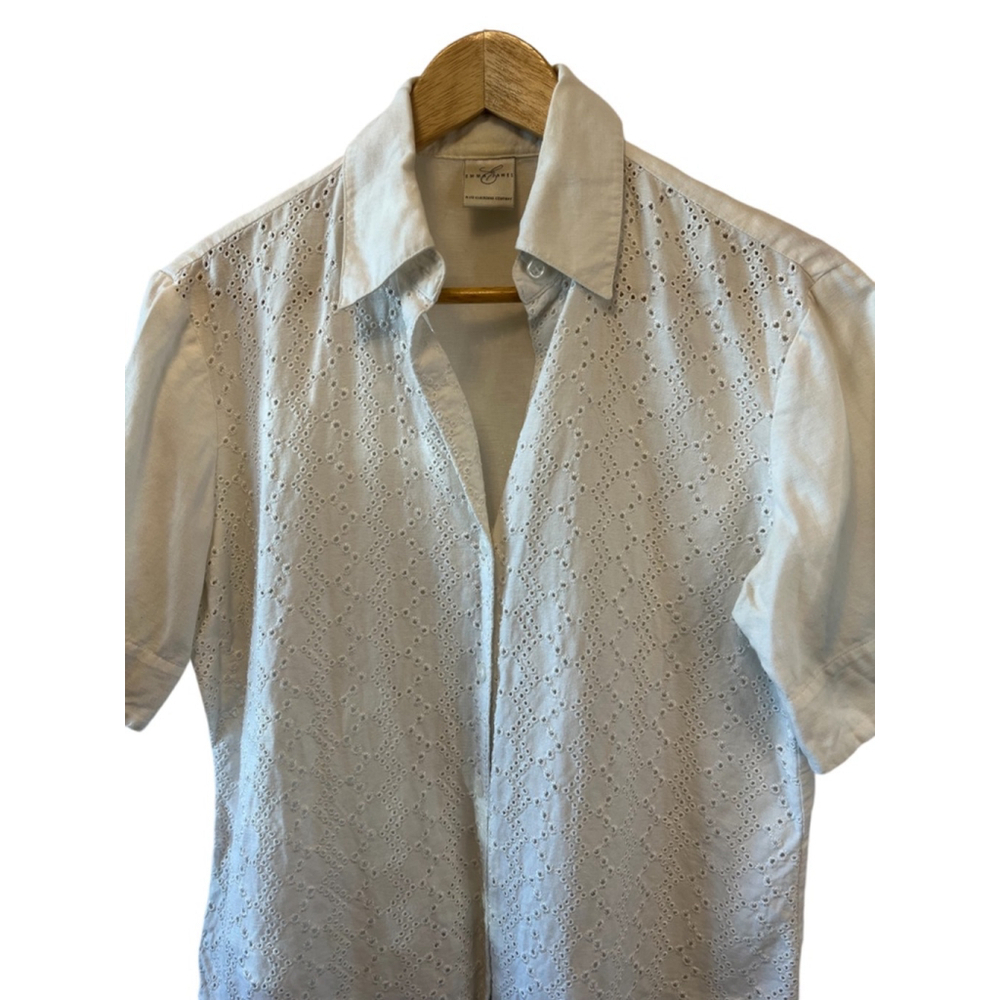 VINTAGE Cream Eyelet Lace Button Up Short Sleeve Collared Shirt S - Picture 3 of 7
